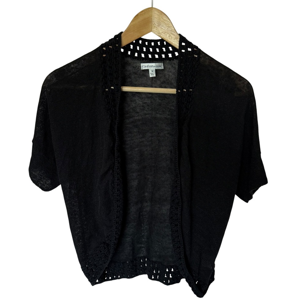 Croft & Barrow Cardigan Womens Medium Black Good Crochet Trim Linen Blend Shrug